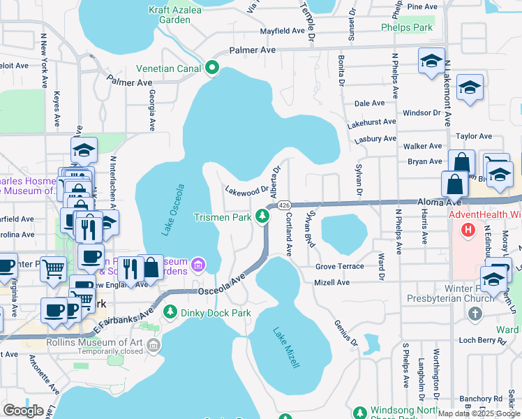 map of restaurants, bars, coffee shops, grocery stores, and more near in Winter Park