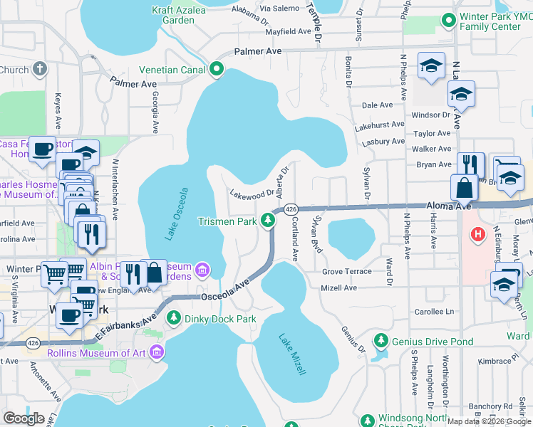 map of restaurants, bars, coffee shops, grocery stores, and more near in Winter Park