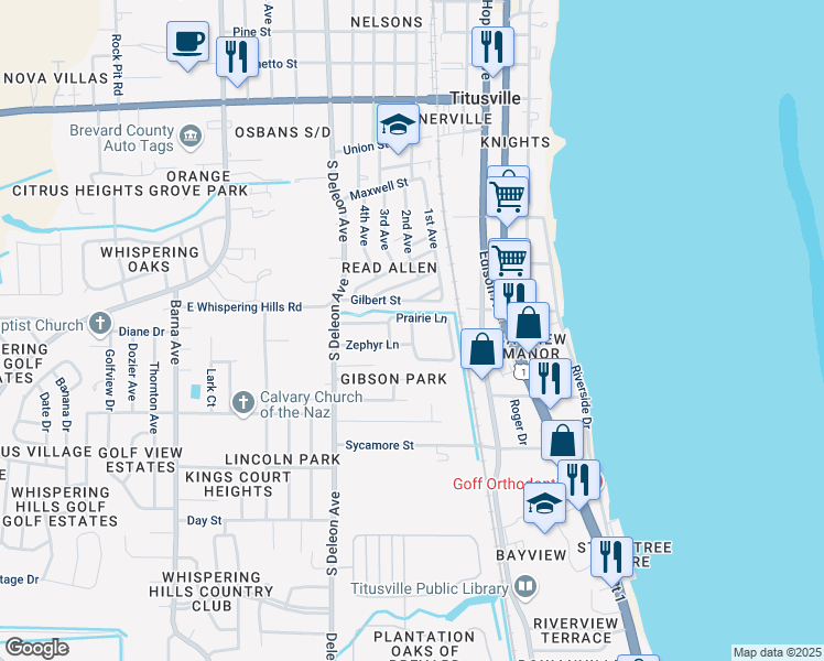 map of restaurants, bars, coffee shops, grocery stores, and more near Prairie Lane in Titusville