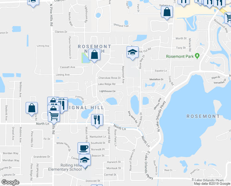 map of restaurants, bars, coffee shops, grocery stores, and more near 4600 Lighthouse Circle in Orlando