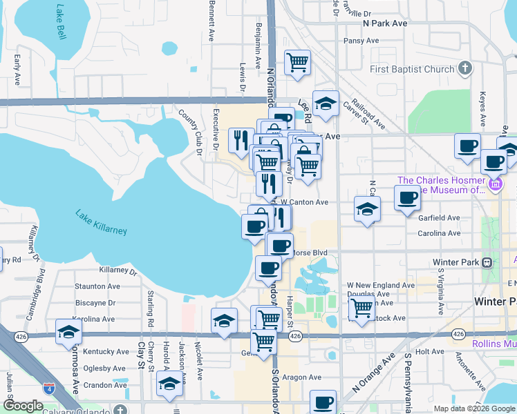 map of restaurants, bars, coffee shops, grocery stores, and more near 1412 Trovillion Avenue in Winter Park
