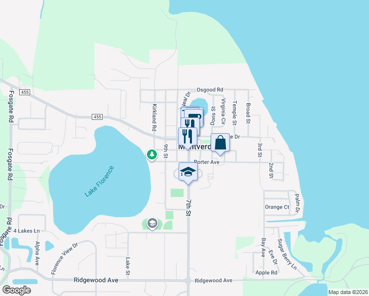 map of restaurants, bars, coffee shops, grocery stores, and more near 16909 Franklin Avenue in Montverde
