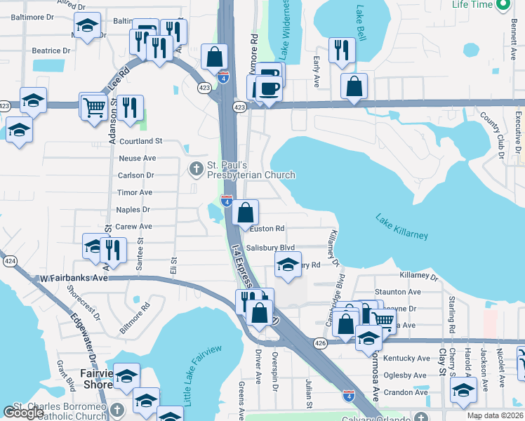 map of restaurants, bars, coffee shops, grocery stores, and more near 2540 Franklin Avenue in Winter Park