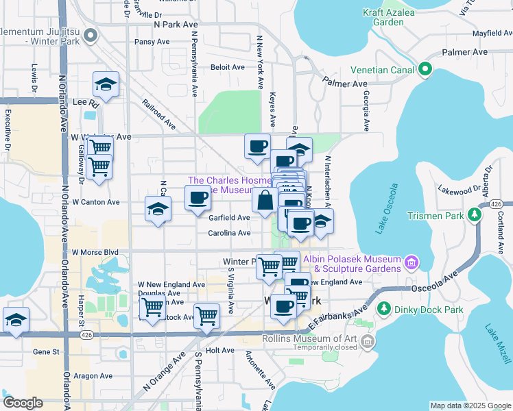 map of restaurants, bars, coffee shops, grocery stores, and more near 208 West Canton Avenue in Winter Park