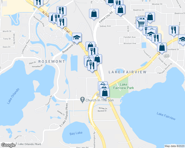 map of restaurants, bars, coffee shops, grocery stores, and more near 3201 Parkway Center Court in Orlando