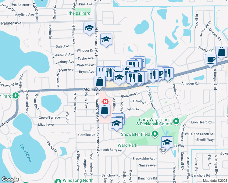 map of restaurants, bars, coffee shops, grocery stores, and more near 1903 Aloma Avenue in Winter Park