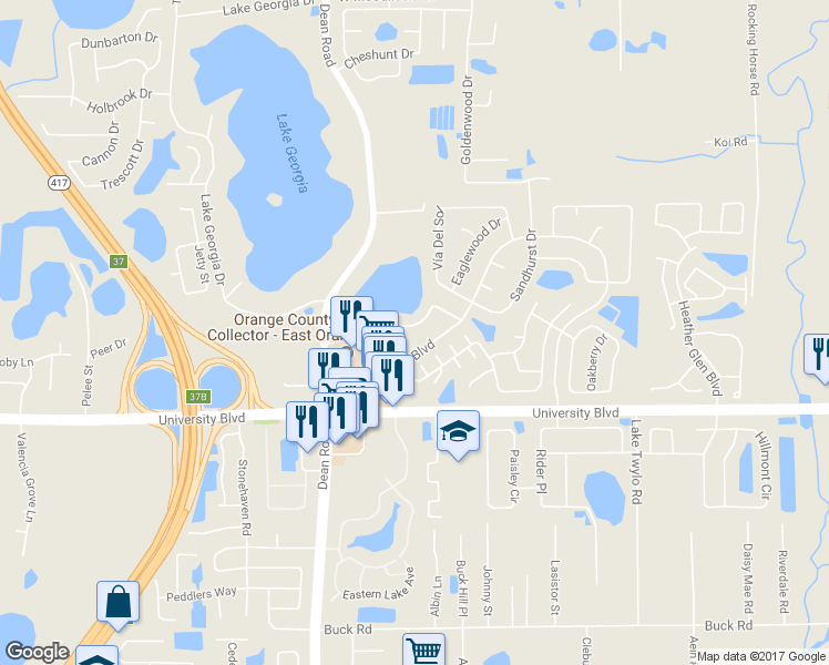 map of restaurants, bars, coffee shops, grocery stores, and more near 10489 Cresto Delsol Circle in Orlando