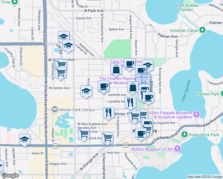 map of restaurants, bars, coffee shops, grocery stores, and more near 425 West Canton Avenue in Winter Park