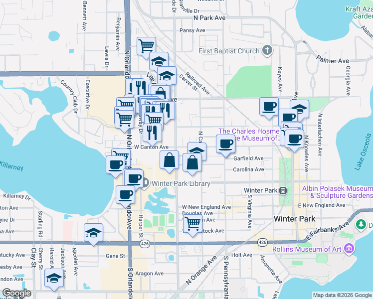 map of restaurants, bars, coffee shops, grocery stores, and more near 835 West Canton Avenue in Winter Park