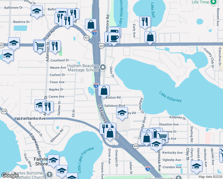 map of restaurants, bars, coffee shops, grocery stores, and more near 2540 Franklin Avenue in Winter Park