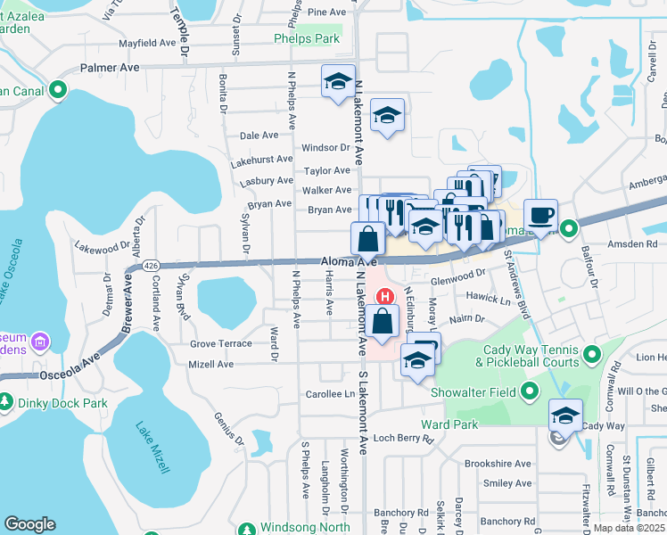 map of restaurants, bars, coffee shops, grocery stores, and more near 1800 Aloma Avenue in Winter Park