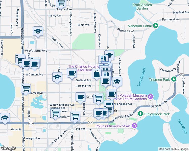map of restaurants, bars, coffee shops, grocery stores, and more near 208 West Canton Avenue in Winter Park