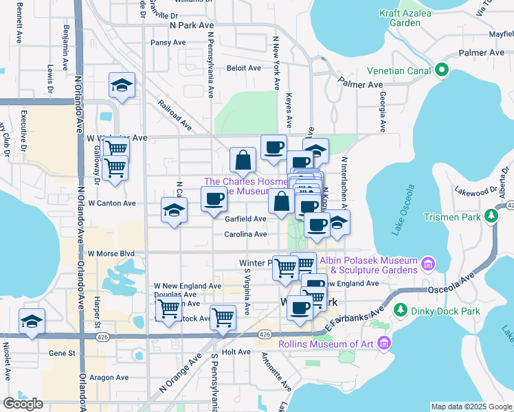 map of restaurants, bars, coffee shops, grocery stores, and more near 280 West Canton Avenue in Winter Park