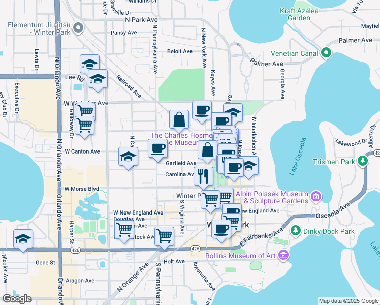 map of restaurants, bars, coffee shops, grocery stores, and more near 280 West Canton Avenue in Winter Park