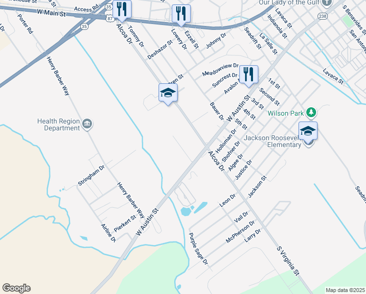 map of restaurants, bars, coffee shops, grocery stores, and more near 2107 West Austin Street in Port Lavaca
