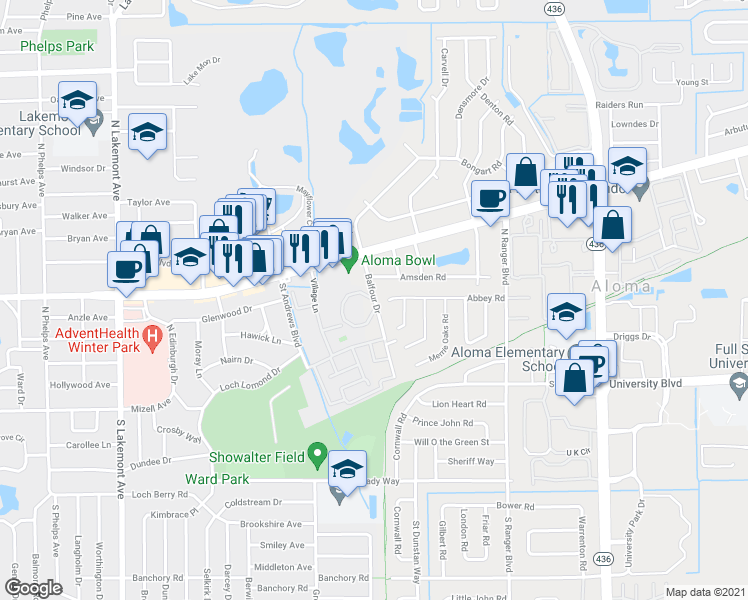 map of restaurants, bars, coffee shops, grocery stores, and more near 303 Balfour Drive in Winter Park