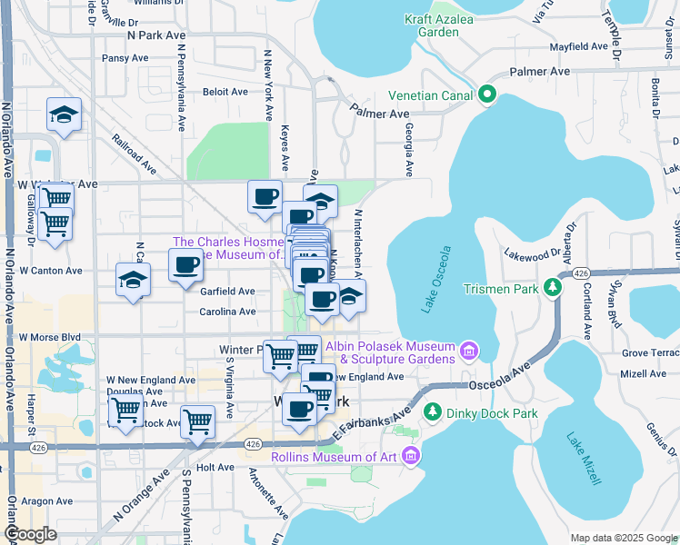 map of restaurants, bars, coffee shops, grocery stores, and more near 210 East Canton Avenue in Winter Park