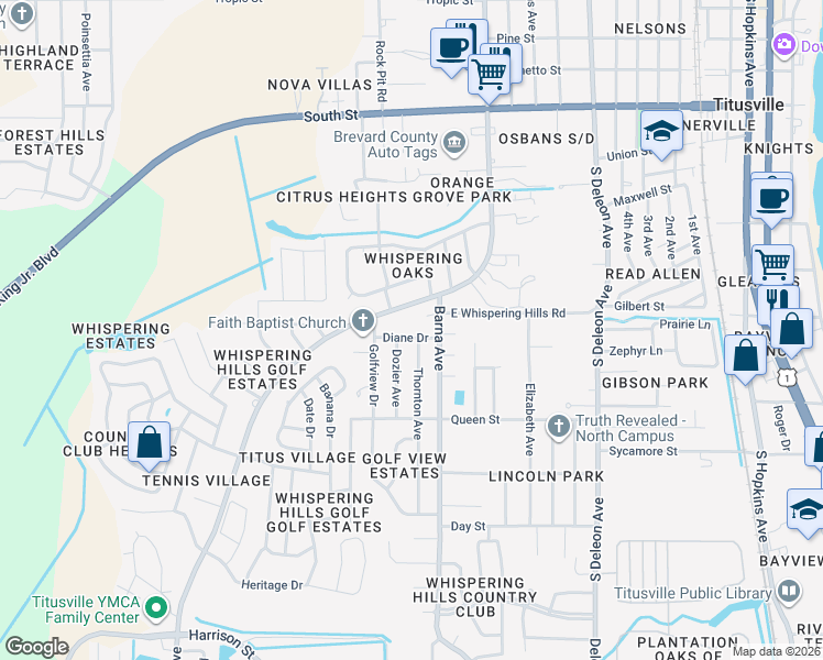 map of restaurants, bars, coffee shops, grocery stores, and more near 1760 Diane Drive in Titusville