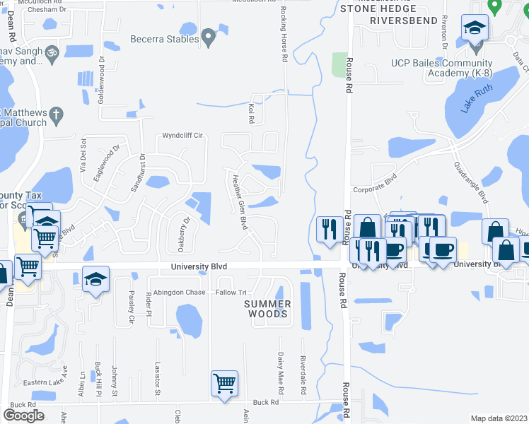 map of restaurants, bars, coffee shops, grocery stores, and more near 10850 Heather Ridge Circle in Orlando
