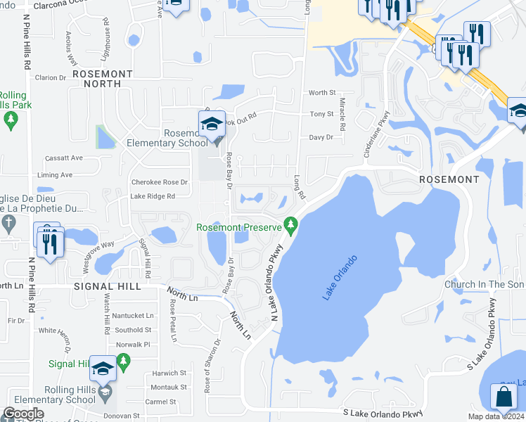 map of restaurants, bars, coffee shops, grocery stores, and more near 4445 Fountainview Lane in Orlando