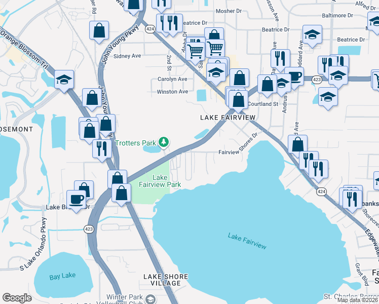 map of restaurants, bars, coffee shops, grocery stores, and more near 1912A Lee Road in Orlando