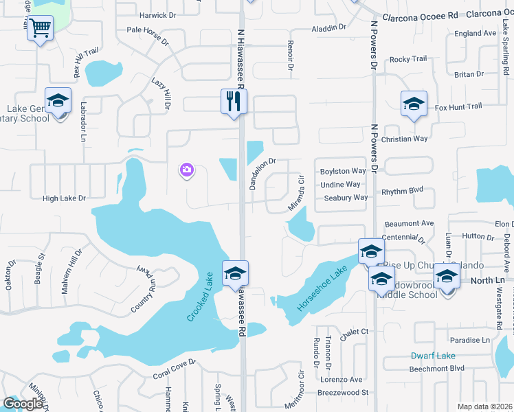 map of restaurants, bars, coffee shops, grocery stores, and more near 4619 Wassee Court in Orlando