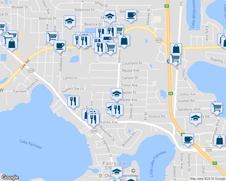 map of restaurants, bars, coffee shops, grocery stores, and more near 909 Naples Drive in Orlando