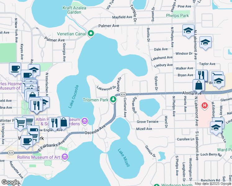 map of restaurants, bars, coffee shops, grocery stores, and more near 1017 Aloma Avenue in Winter Park