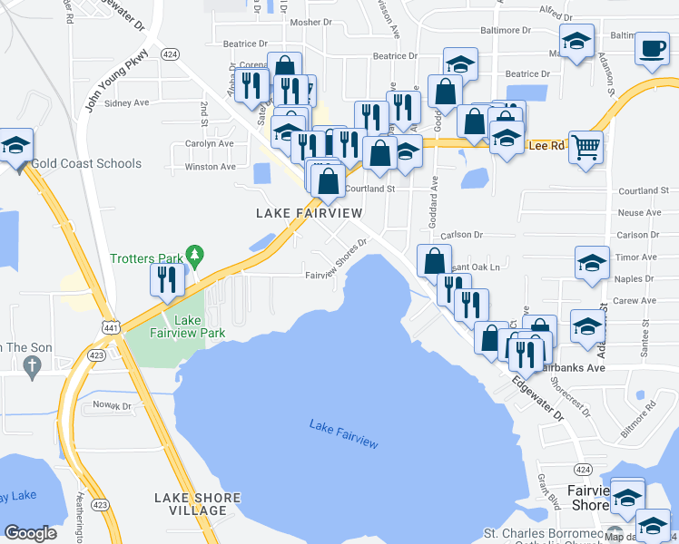 map of restaurants, bars, coffee shops, grocery stores, and more near 1762 Fairview Shores Drive in Orlando