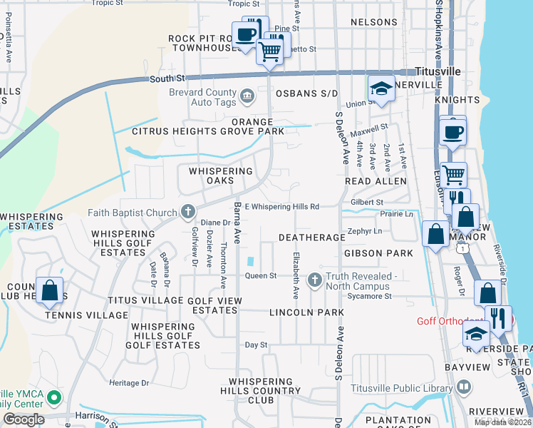 map of restaurants, bars, coffee shops, grocery stores, and more near 1504 East Whispering Hills Road in Titusville