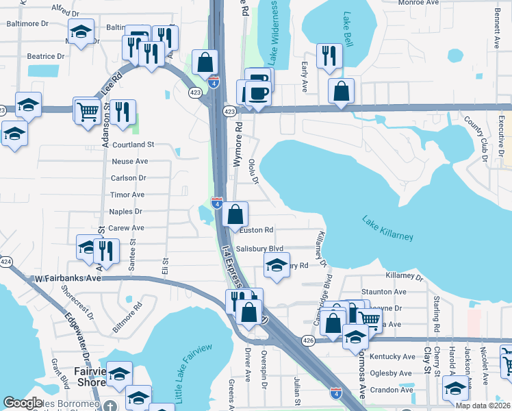 map of restaurants, bars, coffee shops, grocery stores, and more near 2540 Franklin Avenue in Winter Park