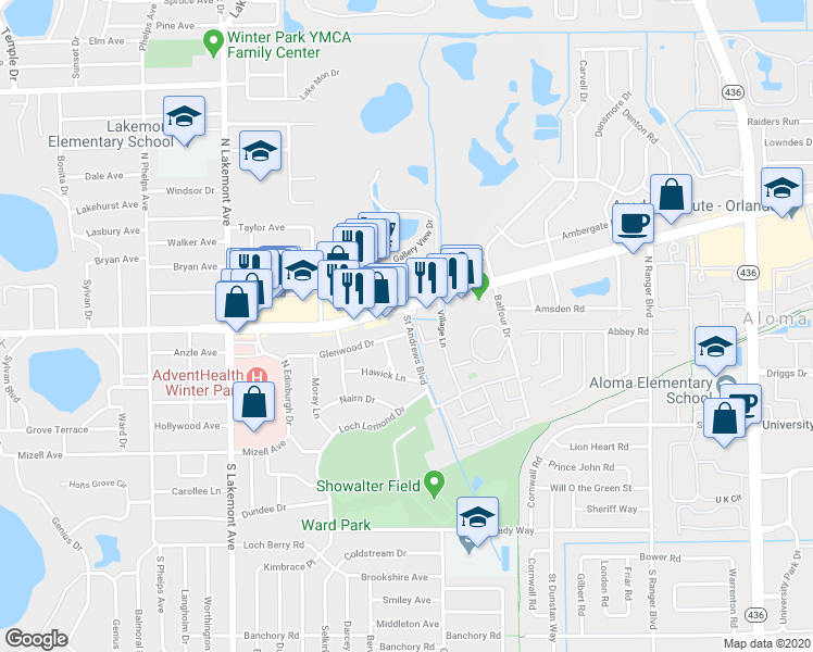 map of restaurants, bars, coffee shops, grocery stores, and more near 401 Saint Andrews Boulevard in Winter Park