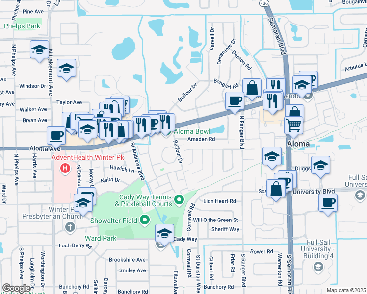 map of restaurants, bars, coffee shops, grocery stores, and more near 266 Balfour Dr in Winter Park