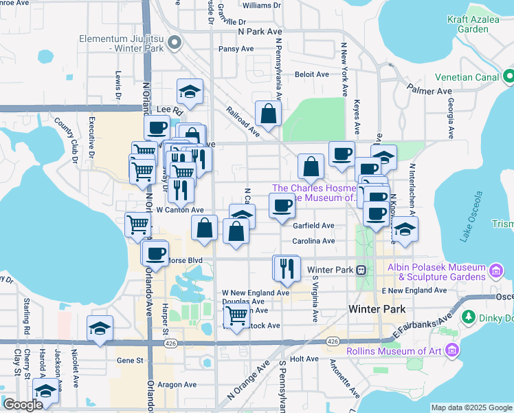 map of restaurants, bars, coffee shops, grocery stores, and more near 707 West Canton Avenue in Winter Park