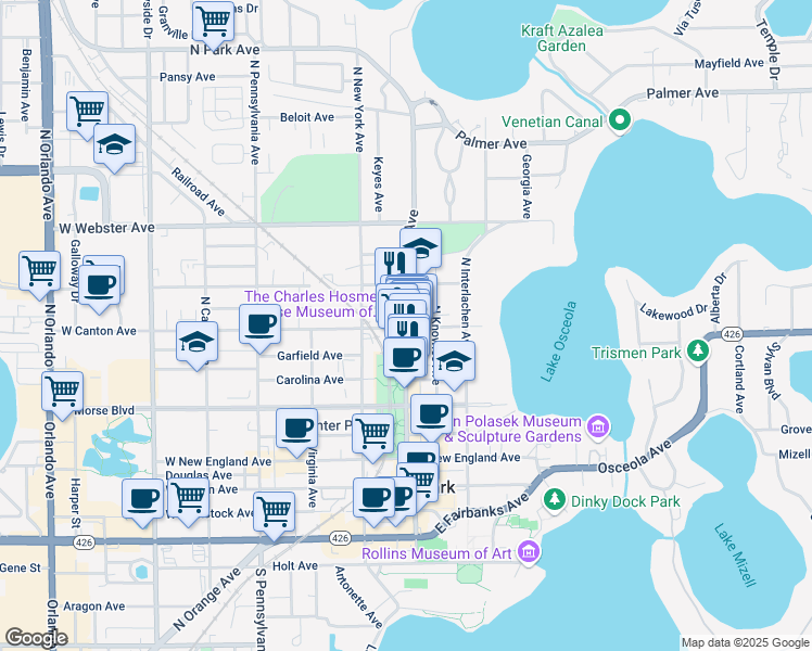 map of restaurants, bars, coffee shops, grocery stores, and more near 400 North Park Avenue in Winter Park