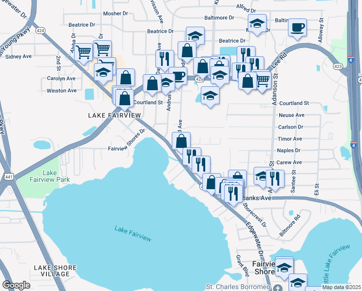 map of restaurants, bars, coffee shops, grocery stores, and more near 4519 Goddard Avenue in Orlando