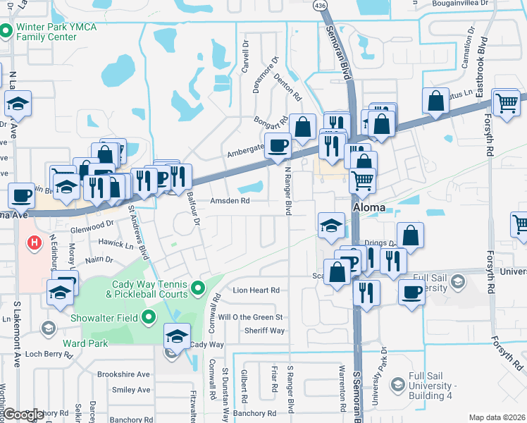 map of restaurants, bars, coffee shops, grocery stores, and more near 2757 Abbey Road in Winter Park