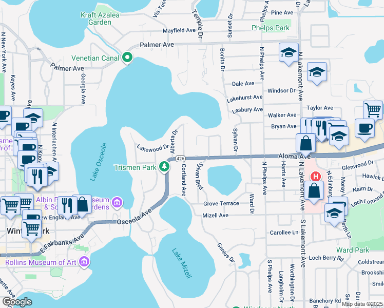 map of restaurants, bars, coffee shops, grocery stores, and more near 320 Cortland Avenue in Winter Park
