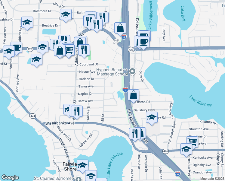 map of restaurants, bars, coffee shops, grocery stores, and more near 2873 Naples Drive in Winter Park