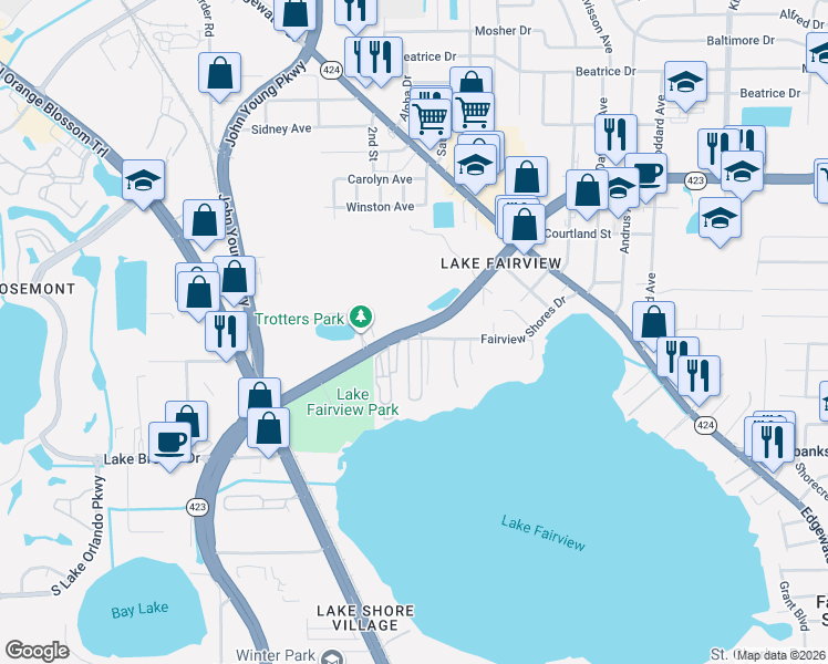 map of restaurants, bars, coffee shops, grocery stores, and more near 4765 Sandy Shores Drive in Orlando