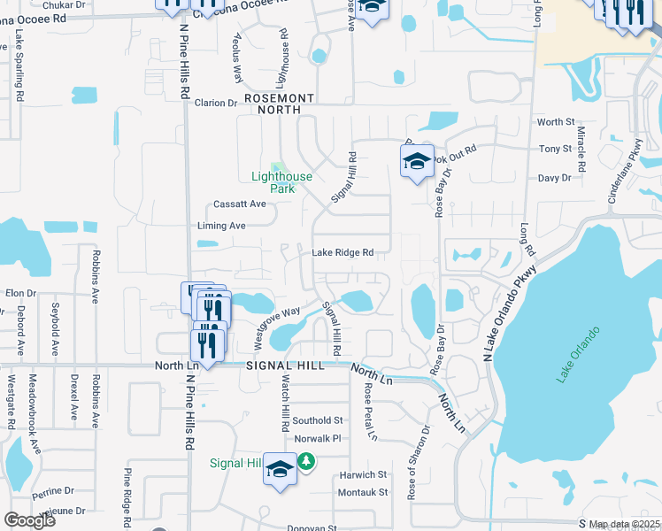 map of restaurants, bars, coffee shops, grocery stores, and more near 4550 Lighthouse Circle in Orlando