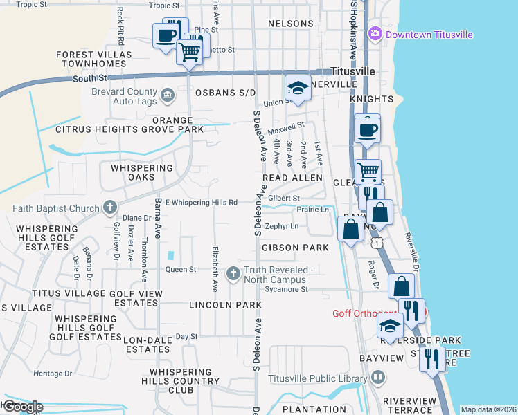 map of restaurants, bars, coffee shops, grocery stores, and more near 1225 South Deleon Avenue in Titusville