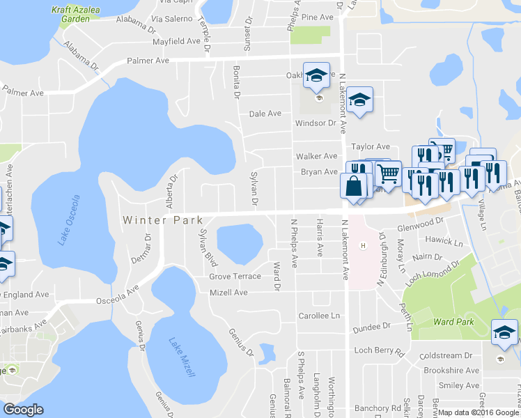 map of restaurants, bars, coffee shops, grocery stores, and more near 410 Sylvan Drive in Winter Park