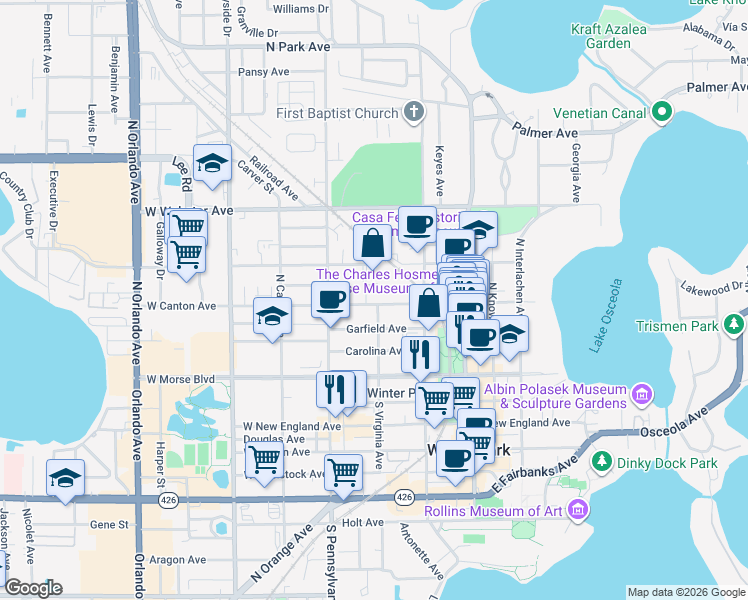 map of restaurants, bars, coffee shops, grocery stores, and more near 425 West Canton Avenue in Winter Park