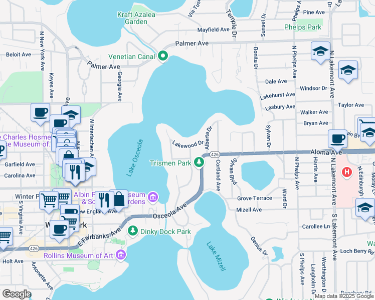 map of restaurants, bars, coffee shops, grocery stores, and more near 450 Lakewood Drive in Winter Park