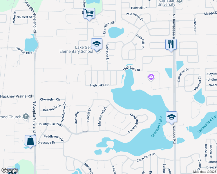 map of restaurants, bars, coffee shops, grocery stores, and more near 7455 High Lake Drive in Orlando