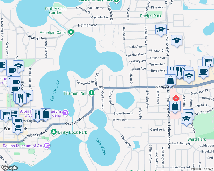 map of restaurants, bars, coffee shops, grocery stores, and more near 320 Cortland Avenue in Winter Park