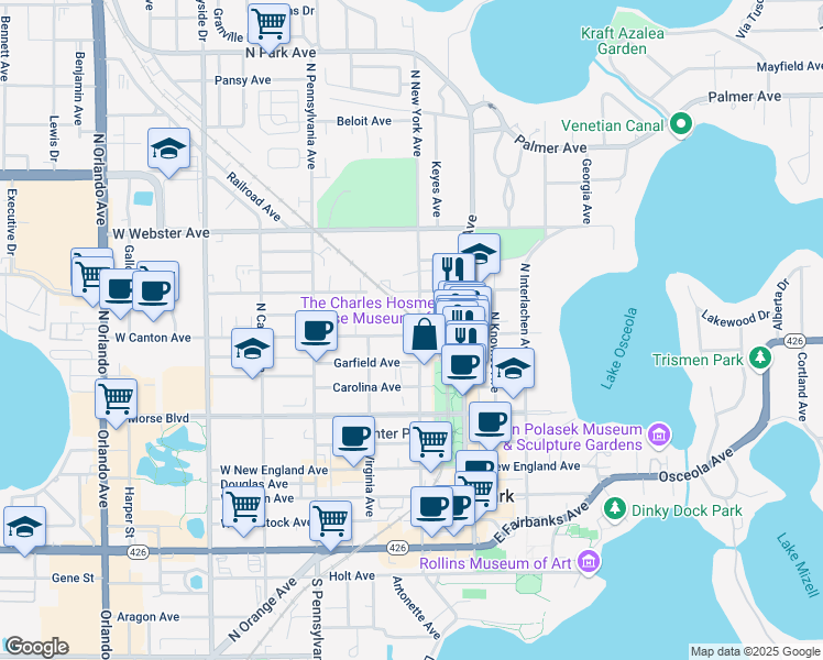 map of restaurants, bars, coffee shops, grocery stores, and more near 208 West Canton Avenue in Winter Park