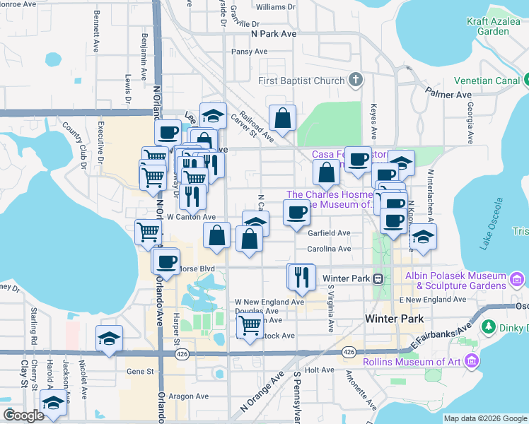 map of restaurants, bars, coffee shops, grocery stores, and more near 707 West Canton Avenue in Winter Park