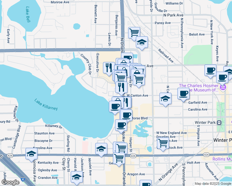 map of restaurants, bars, coffee shops, grocery stores, and more near 1412 Trovillion Avenue in Winter Park